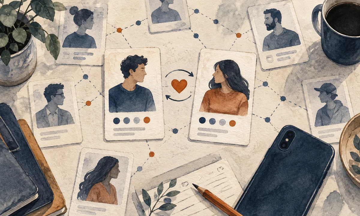 Watercolor illustration of profile cards linked by two-way arrows and a small heart.